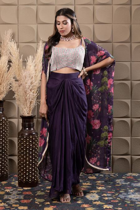 Shop_Label Flamingo By Vrinda_Purple Chiffon Cut Work, Sequins, Pearls Square Neck Floral Cape Drape Set _Online_at_Aza_Fashions