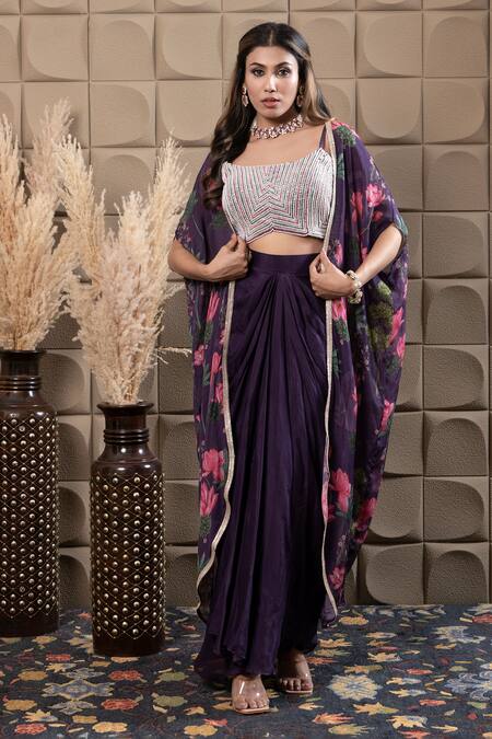 Label Flamingo By Vrinda_Purple Chiffon Cut Work, Sequins, Pearls Square Neck Floral Cape Drape Set _at_Aza_Fashions