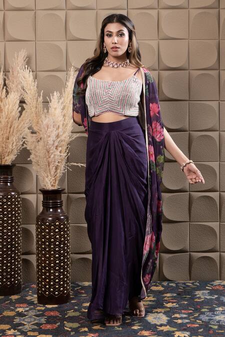 Buy_Label Flamingo By Vrinda_Purple Chiffon Cut Work, Sequins, Pearls Square Neck Floral Cape Drape Set 