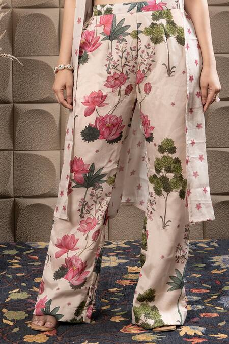 Label Flamingo By Vrinda_Ivory Chiffon Cut Work, Sequins, Pearls V-neck Floral Print Cape Set _Online_at_Aza_Fashions