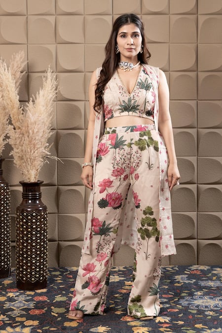 LABEL FLAMINGO BY VRINDA Ivory Chiffon Cut Work, Sequins, Pearls V-neck Floral Print Cape Set 