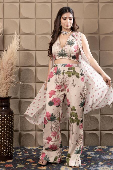 Shop_Label Flamingo By Vrinda_Ivory Chiffon Cut Work, Sequins, Pearls V-neck Floral Print Cape Set _Online_at_Aza_Fashions