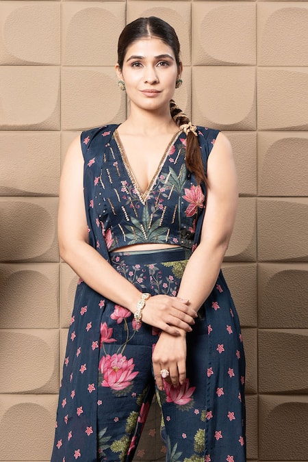 Label Flamingo By Vrinda_Navy Chiffon Cut Work, Sequins, Pearls V-neck Blue Embroidered Cape Set _Online_at_Aza_Fashions