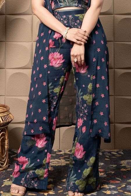 Buy_Label Flamingo By Vrinda_Navy Chiffon Cut Work, Sequins, Pearls V-neck Blue Embroidered Cape Set _Online_at_Aza_Fashions