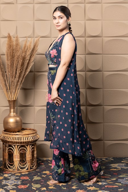 Shop_Label Flamingo By Vrinda_Navy Chiffon Cut Work, Sequins, Pearls V-neck Blue Embroidered Cape Set _Online_at_Aza_Fashions