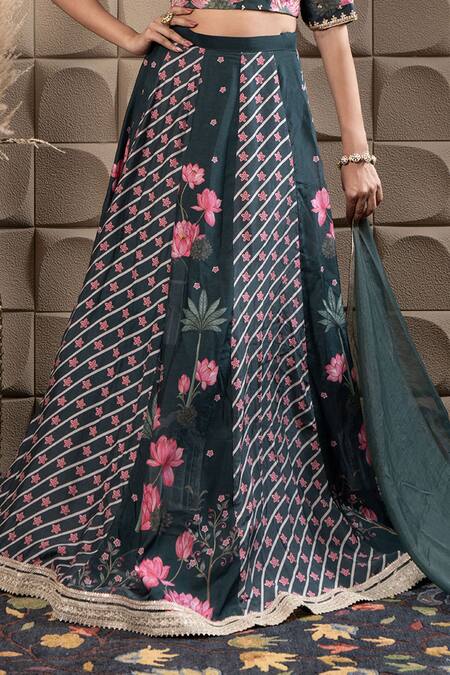 Label Flamingo By Vrinda_Green Cotton, Silk, Organza Cut Work, Floral Cutdana Embroidered Lehenga Set _Online_at_Aza_Fashions