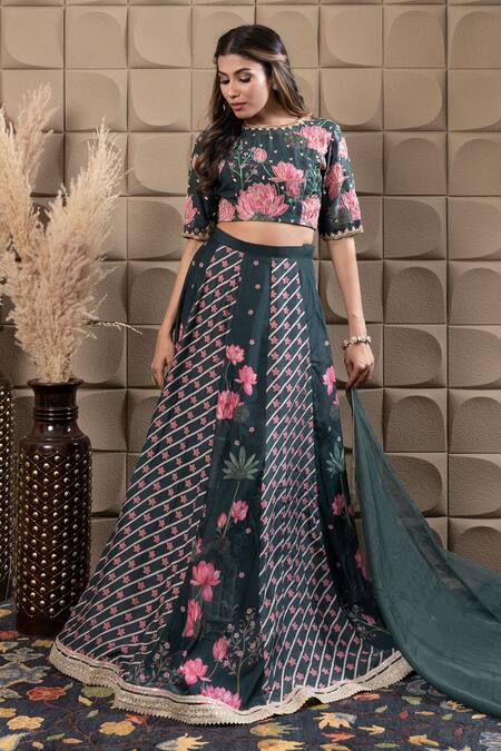 Shop_Label Flamingo By Vrinda_Green Cotton, Silk, Organza Cut Work, Floral Cutdana Embroidered Lehenga Set _Online_at_Aza_Fashions