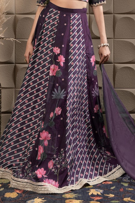 Buy_Label Flamingo By Vrinda_Purple Cotton, Silk, Organza Cut Work, Floral Embroidered Kali Lehenga Set _Online_at_Aza_Fashions