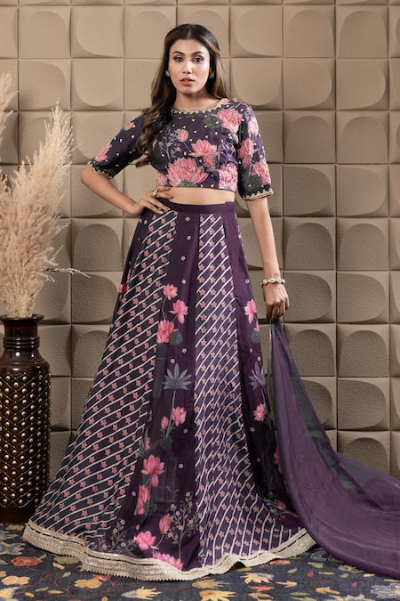 LABEL FLAMINGO BY VRINDA Purple Cotton, Silk, Organza Cut Work, Floral Embroidered Kali Lehenga Set 
