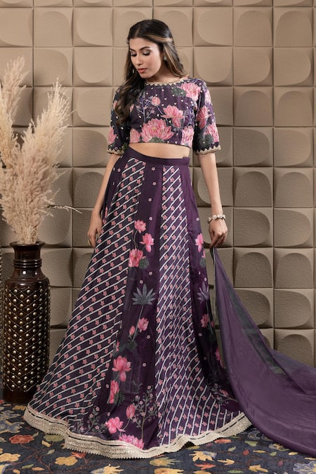 Label Flamingo By Vrinda_Purple Cotton, Silk, Organza Cut Work, Floral Embroidered Kali Lehenga Set _at_Aza_Fashions