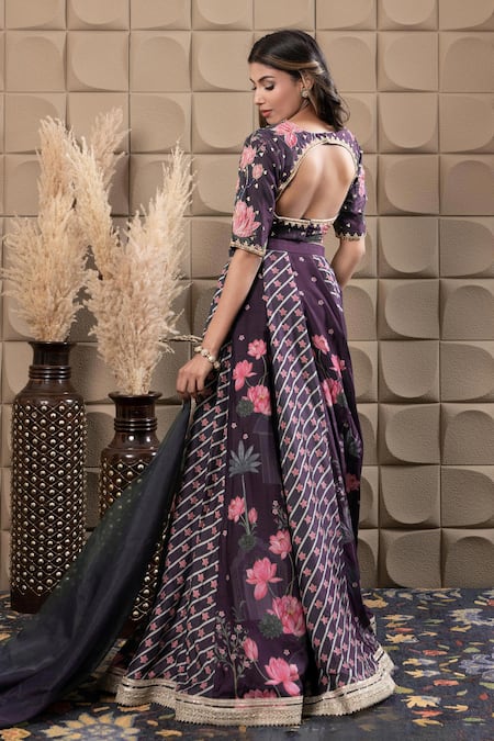 Buy_Label Flamingo By Vrinda_Purple Cotton, Silk, Organza Cut Work, Floral Embroidered Kali Lehenga Set 
