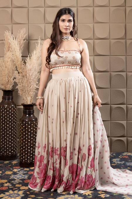 Label Flamingo By Vrinda_Ivory Organza Cut Work, Sequins, Pearls Gather Lehenga Set _at_Aza_Fashions