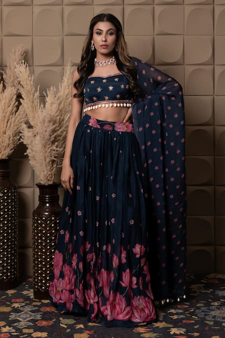 Label Flamingo By Vrinda Navy Blue Gather Lehenga Set 