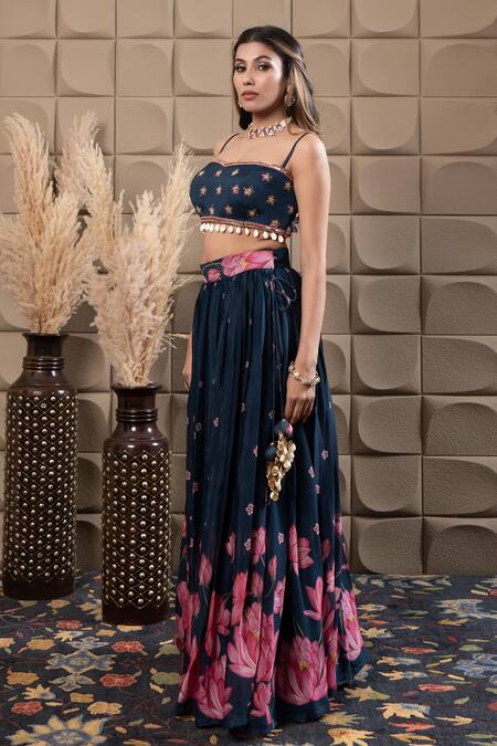 Shop Label Flamingo By Vrinda Navy Organza Cut Work, Sequins, Pearls Sweetheart Neck Blue Gather Lehenga Set Online at Aza Fashions Shop_Label Flamingo By Vrinda_Navy Organza Cut Work, Sequins, Pearls Sweetheart Neck Blue Gather Lehenga Set _Online_at_Aza_Fashions