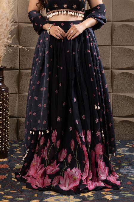 Buy_Label Flamingo By Vrinda_Black Organza Sequins, Cut Work, Pearls, Embroidery Square Gather Lehenga Set _Online_at_Aza_Fashions