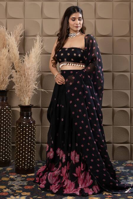 Shop_Label Flamingo By Vrinda_Black Organza Sequins, Cut Work, Pearls, Embroidery Square Gather Lehenga Set _Online_at_Aza_Fashions