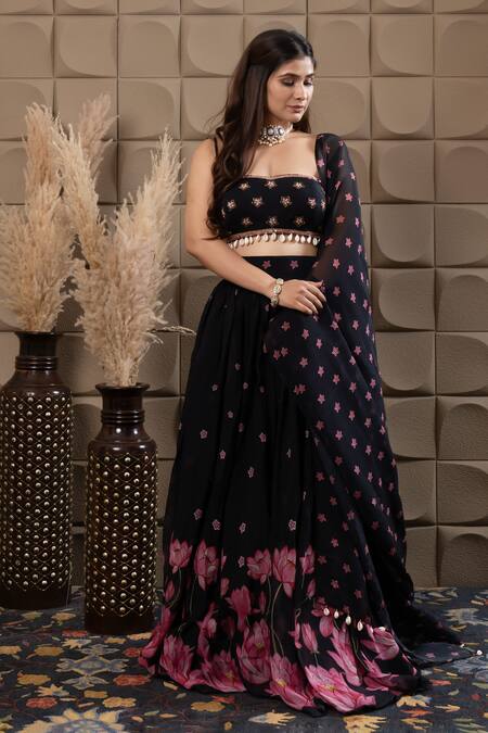 Label Flamingo By Vrinda_Black Organza Sequins, Cut Work, Pearls, Embroidery Square Gather Lehenga Set _at_Aza_Fashions