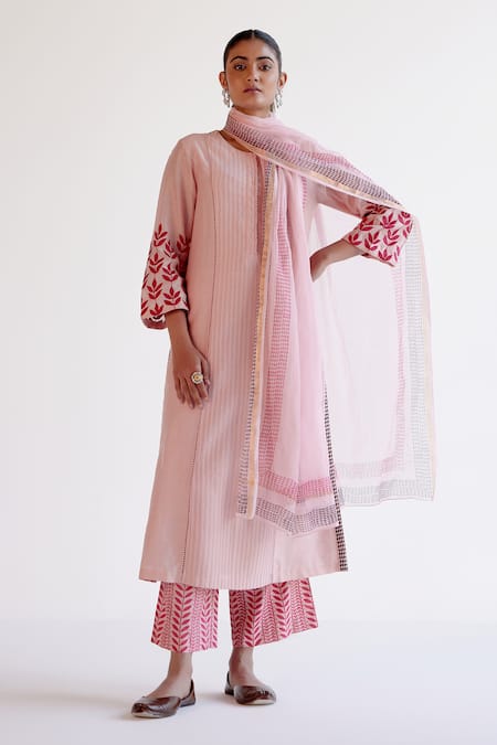 Devnaagri Blush Silk, Chanderi, Cotton, Kota Doria Embroidery Round Neck Pink Kurta Set 