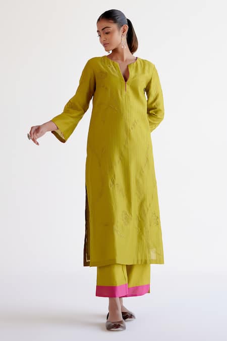 Shop_Devnaagri_Green , Chanderi, Organza Embroidery Split V-neck Kurta Set _Online_at_Aza_Fashions