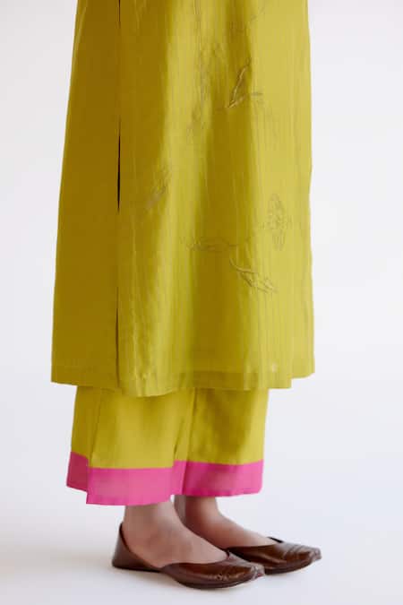 Buy_Devnaagri_Green , Chanderi, Organza Embroidery Split V-neck Kurta Set 