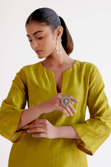 Shop_Devnaagri_Green , Chanderi, Organza Embroidery Split V-neck Kurta Set 