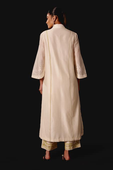 Shop Devnaagri Ivory Silk, Chanderi Embroidery V-neck Yellow Kurta Set at Aza Fashions Shop_Devnaagri_Ivory Silk, Chanderi Embroidery V-neck Yellow Kurta Set _at_Aza_Fashions