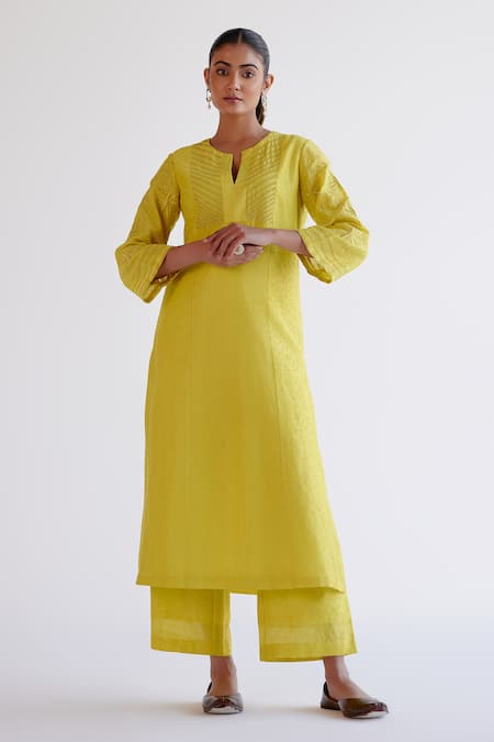 Devnaagri_Yellow , Chanderi, Organza Embroidery Keyhole Neck Kurta Set _Online_at_Aza_Fashions