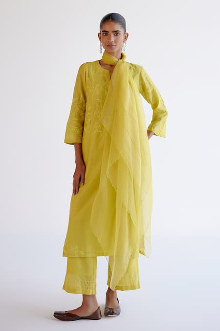 Devnaagri Yellow , Chanderi, Organza Embroidery Keyhole Neck Kurta Set 