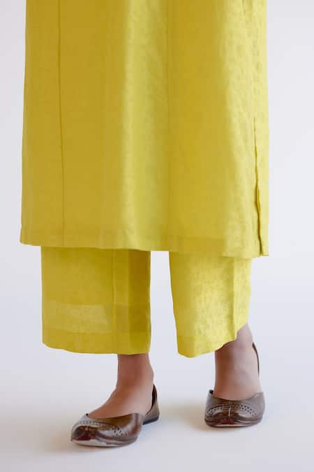 Shop_Devnaagri_Yellow , Chanderi, Organza Embroidery Keyhole Neck Kurta Set _Online_at_Aza_Fashions