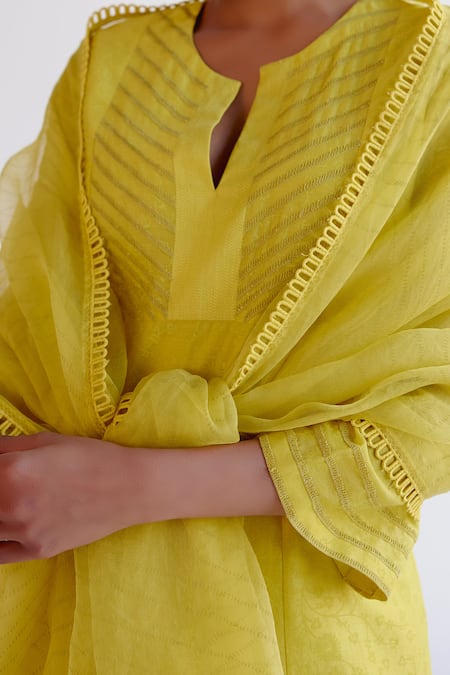 Devnaagri_Yellow , Chanderi, Organza Embroidery Keyhole Neck Kurta Set _at_Aza_Fashions