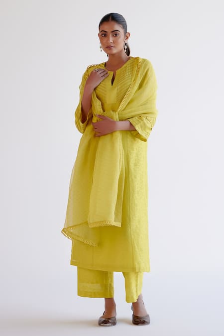 Buy_Devnaagri_Yellow , Chanderi, Organza Embroidery Keyhole Neck Kurta Set 
