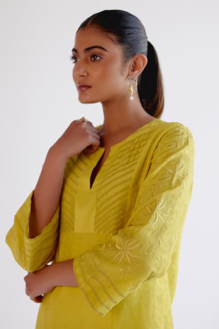 Shop_Devnaagri_Yellow , Chanderi, Organza Embroidery Keyhole Neck Kurta Set 