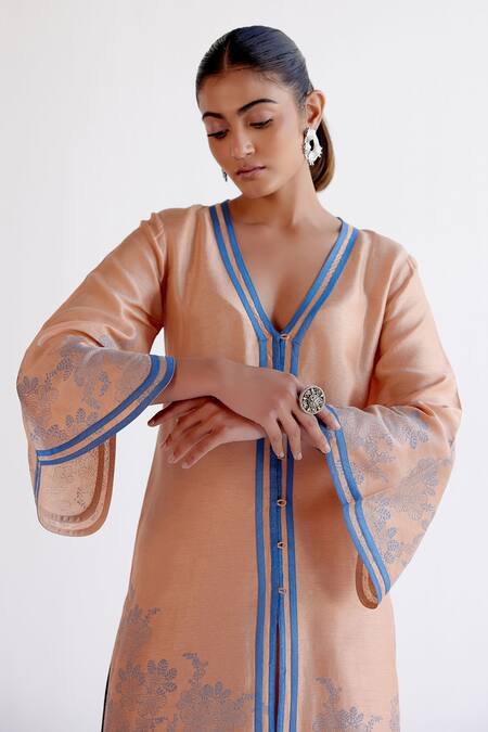 Devnaagri_Brown Tussar, Silk Embroidery V-neck Caramel Printed Kurta Set _Online_at_Aza_Fashions