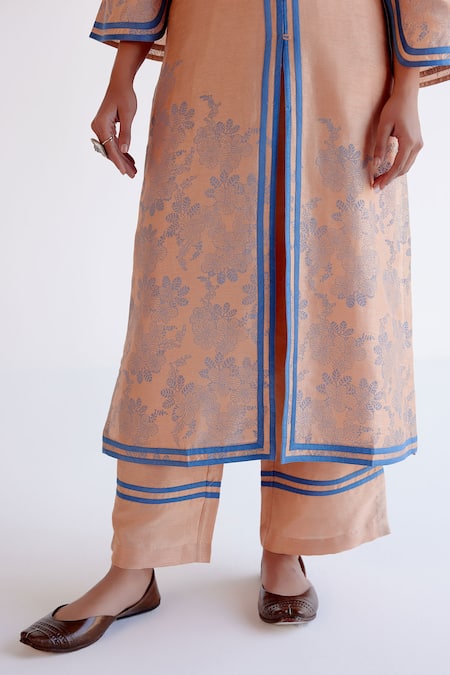 Buy_Devnaagri_Brown Tussar, Silk Embroidery V-neck Caramel Printed Kurta Set _Online_at_Aza_Fashions