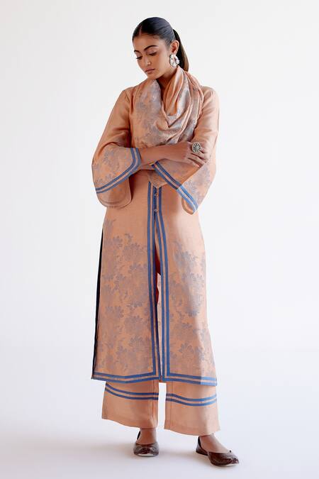 Shop_Devnaagri_Brown Tussar, Silk Embroidery V-neck Caramel Printed Kurta Set _Online_at_Aza_Fashions