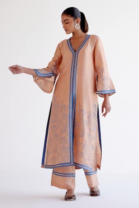 Devnaagri_Brown Tussar, Silk Embroidery V-neck Caramel Printed Kurta Set _at_Aza_Fashions