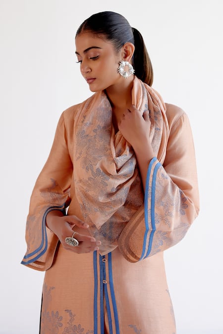 Buy_Devnaagri_Brown Tussar, Silk Embroidery V-neck Caramel Printed Kurta Set 