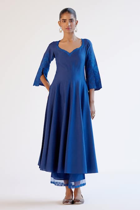 Devnaagri_Blue Cotton, Silk Organza Lace, Embroidery Scoop Anarkali Kurta Set With Dupatta _Online_at_Aza_Fashions