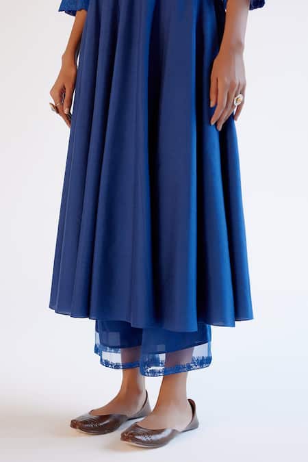 Buy_Devnaagri_Blue Cotton, Silk Organza Lace, Embroidery Scoop Anarkali Kurta Set With Dupatta _Online_at_Aza_Fashions