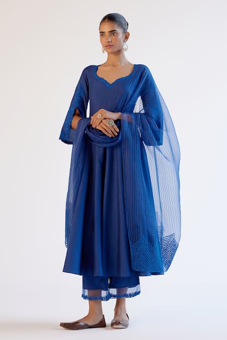 Devnaagri Blue Cotton, Silk Organza Lace, Embroidery Scoop Anarkali Kurta Set With Dupatta 