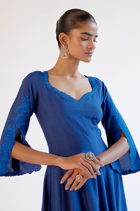 Devnaagri_Blue Cotton, Silk Organza Lace, Embroidery Scoop Anarkali Kurta Set With Dupatta _at_Aza_Fashions