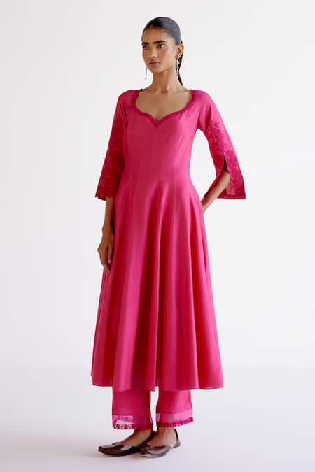 Devnaagri_Fuchsia Cotton, Silk Organza Lace, Embroidery Pink Anarkali Set With Dupatta _Online_at_Aza_Fashions