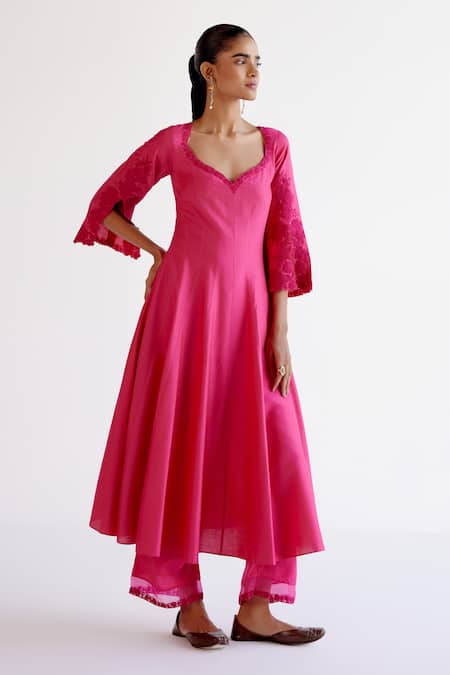 Buy_Devnaagri_Fuchsia Cotton, Silk Organza Lace, Embroidery Pink Anarkali Set With Dupatta _Online_at_Aza_Fashions
