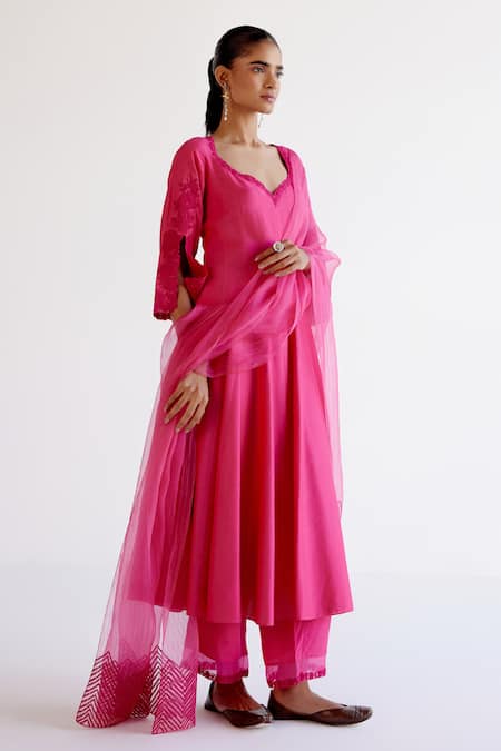Shop_Devnaagri_Fuchsia Cotton, Silk Organza Lace, Embroidery Pink Anarkali Set With Dupatta _Online_at_Aza_Fashions