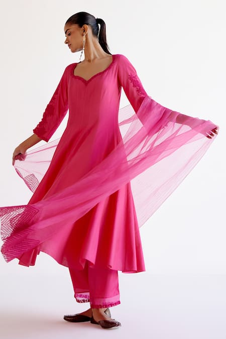 Devnaagri_Fuchsia Cotton, Silk Organza Lace, Embroidery Pink Anarkali Set With Dupatta _at_Aza_Fashions
