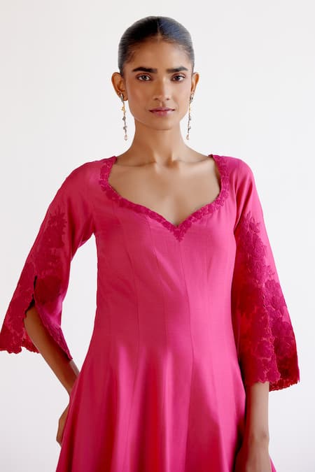 Buy_Devnaagri_Fuchsia Cotton, Silk Organza Lace, Embroidery Pink Anarkali Set With Dupatta 
