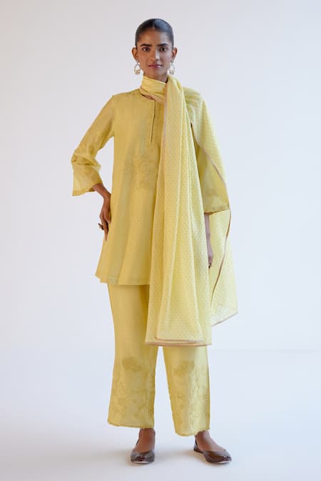 Devnaagri Yellow Silk, Chanderi Embroidery Round Neck Lemon Kurta Set 