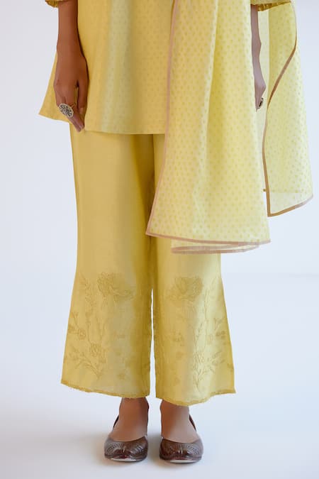 Shop Devnaagri Yellow Silk, Chanderi Embroidery Round Neck Lemon Kurta Set Online at Aza Fashions Shop_Devnaagri_Yellow Silk, Chanderi Embroidery Round Neck Lemon Kurta Set _Online_at_Aza_Fashions