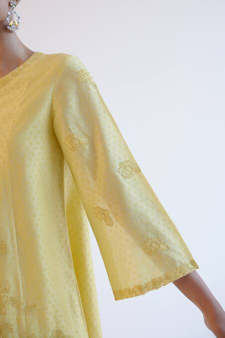 Devnaagri Yellow Silk, Chanderi Embroidery Round Neck Lemon Kurta Set at Aza Fashions Devnaagri_Yellow Silk, Chanderi Embroidery Round Neck Lemon Kurta Set _at_Aza_Fashions