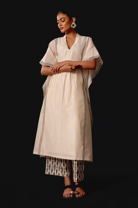 Devnaagri_Ivory Silk, Chanderi Split V-neck Kaftan Set _Online_at_Aza_Fashions